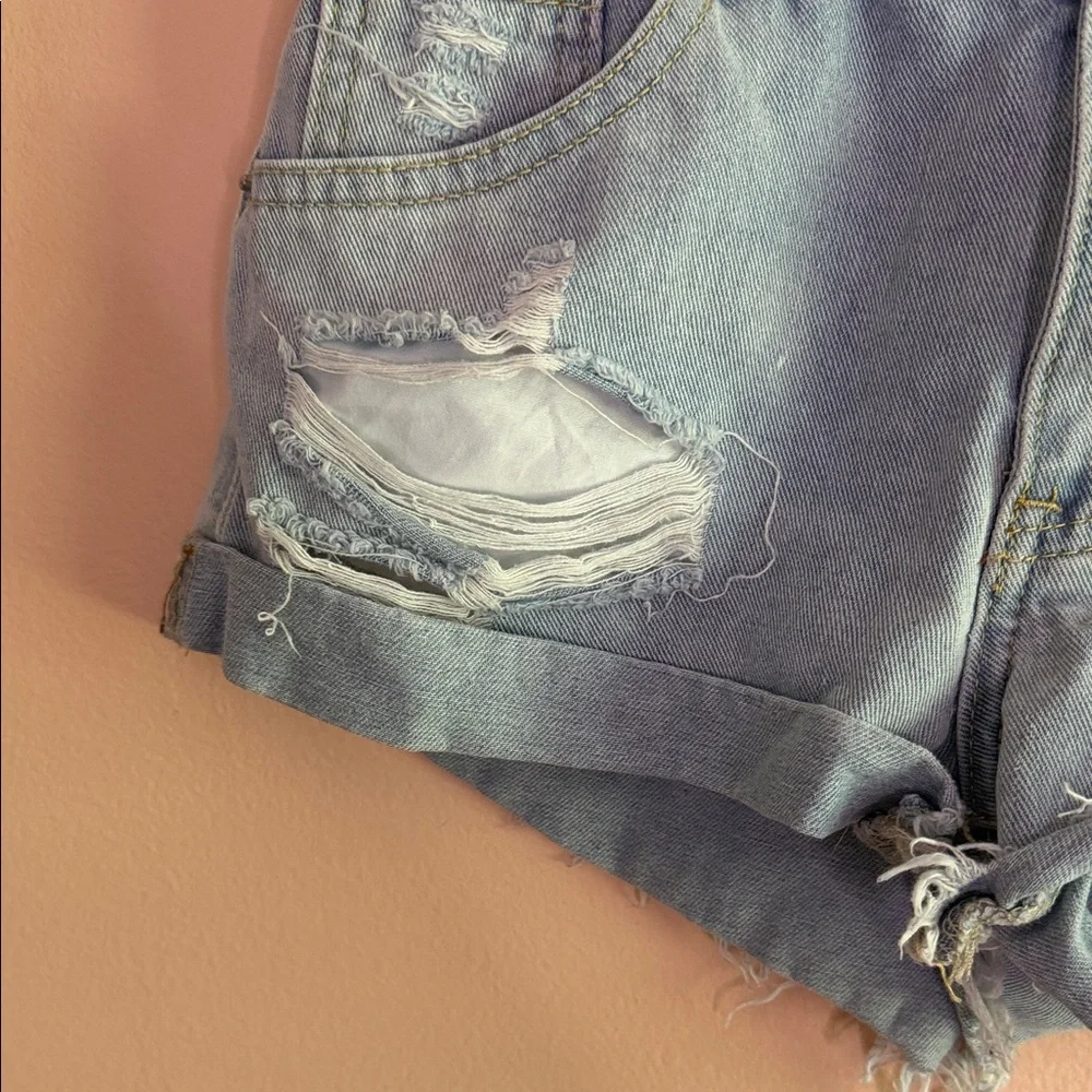 SHEIN Light Blue Distressed Denim Rolled-Hem Jean Shorts